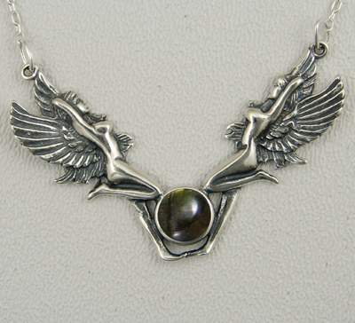 Sterling Silver Double Fairies Necklace With Spectrolite